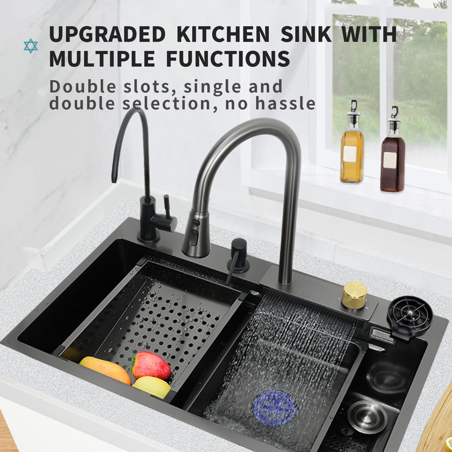 Pehohe Kitchen Sinks Waterfall Kitchen Sink Set 304 Stainless Steel Nano  Sink Home Sink Vegetable Basin with Pull-Out Faucet,Add Pressurized Sink